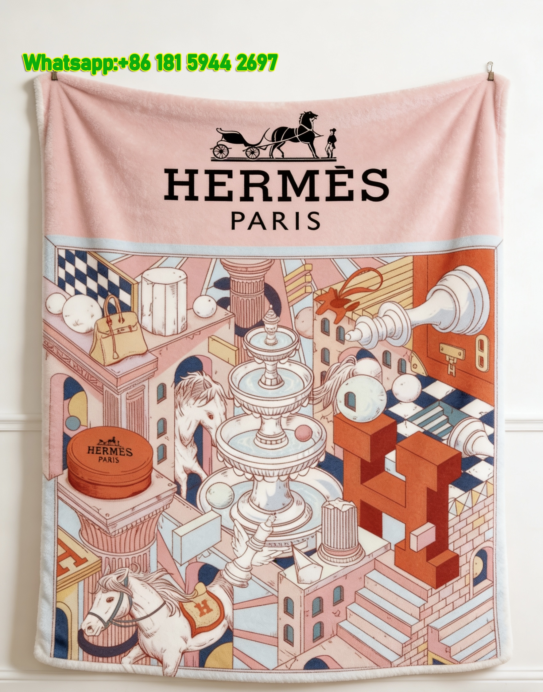 Hermès Surreal Chess City Flannel Throw Blanket IMG_5066